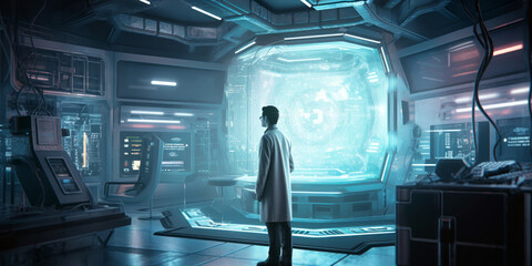 Poster - The Future of Science: Scientist Examining Computing Engine in High-Tech Research Center. Generative AI