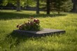 a simple memorial headstone for a deceased with a bouquet of flowers, green lawn, empty, natural, ambient light, Memorial Day, generative IA