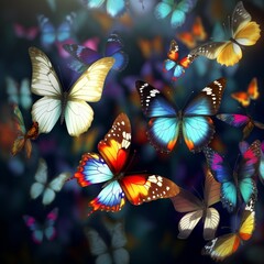 Wall Mural - many bright colorful butterflys flyed, generative IA