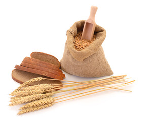 Canvas Print - Wheat in a sack, ears and bread.