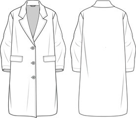 Canvas Print - Unisex Long Line, Button-up, Wool Like Coat- Technical fashion illustration. Front and back, white color. Unisex CAD mock-up.