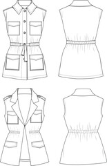 Women's Utility Suit Vest Set. Technical fashion illustration. Front and back, white color. Unisex CAD mock-up.