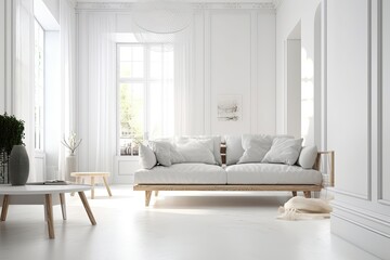 Poster - Minimalist Living Room with White Walls and Furniture. Generative AI