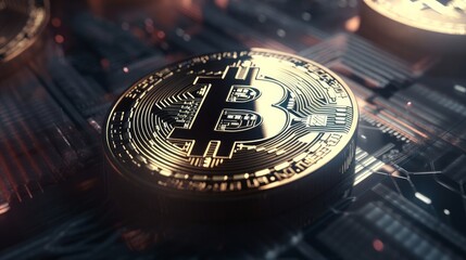 Poster - Bitcoin crypto currency. BTC coins on black background. Blockchain technology, Bitcoin mining concept. Generative ai