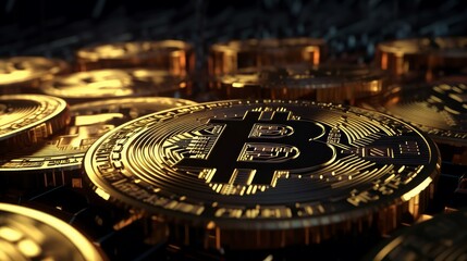 Poster - Bitcoin crypto currency. BTC coins on black background. Blockchain technology, Bitcoin mining concept. Generative ai