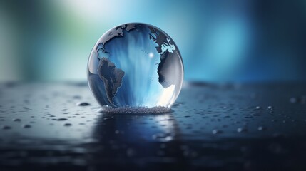 Poster - World globe crystal glass reflect on blue glossy table. Global business and economy. Environmental conservation or ecology concept. Generative ai