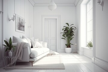 Wall Mural - minimalist living room with a white couch and a green potted plant. Generative AI