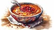Create a warm and hearty watercolor painting of a bowl of chili on a white background, using bold colors and intricate detailing to convey its spiciness and heartiness Generative AI