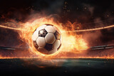 Fototapeta Sport - A soccer ball flying fast with flames and fire in a soccer stadium