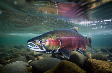 Wall Mural - king salmon underwater generated by AI