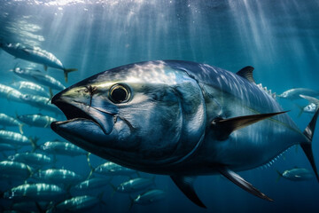 Wall Mural - tuna in the sea attacks a flock of herring generated by AI