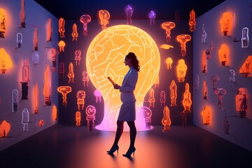 Wall Mural - bright idea and creative thinking, visualization of brainstorming, a glowing idea bulb lamp, successful modern business woman, fictional person created with generative ai