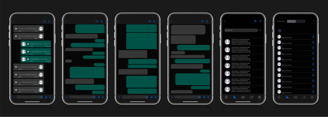 Social media design concept on dark background. Smartphone with chat screen in carousel style. SMS template bubbles for composing dialogues. Modern vector illustration in flat style.