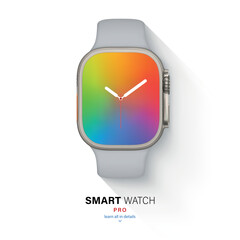 Poster - smart watch in titanium case with silicone band top view isolated on white background. flat lay wrist clock silver color with a sports strap. stock vector illustration