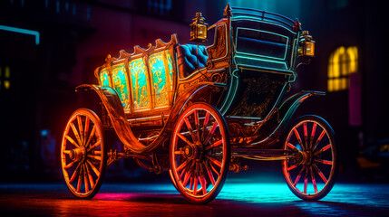 Horse drawn carriage is lit up at night. Generative AI.