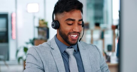 Poster - Happy businessman, call center and consulting with headphones on computer in customer service or support at office. Friendly male consultant agent talking on headset for online advice at workplace