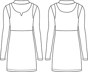 Women's 2 in 1 Dress. Technical fashion illustration. Front and back, white colour. Women's CAD mock-up.