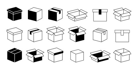 Box line icons. Empty open shipping box or unboxing line art. Carton boxes icon set. Stock vector. Vector illustration 10 eps.