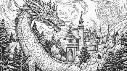 Wall Mural - Coloring book of dragon for children and adults. Illustration isolated on white background - Generative AI technology