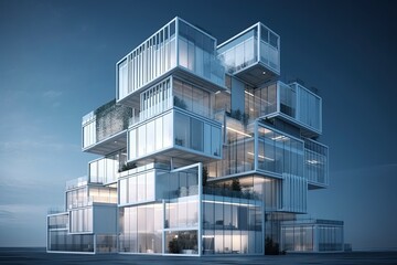 Poster - modern skyscraper with glass windows and balconies. Generative AI