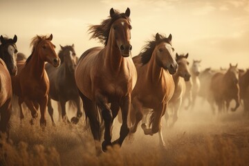 Group of horses galloping across a beautiful meadow Generative AI