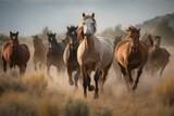 Fototapeta  - Group of horses galloping across a beautiful meadow Generative AI
