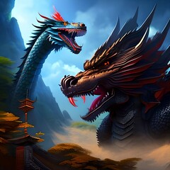 Wall Mural - Digital painting fantasy painting of a chinese temple and giant dragon digital illustration, illustration painting