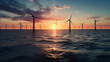 Offshore wind farm turbines at dusk in the middle of the sea. Generative AI