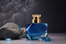 Perfume Bottle With Blue Glass And Stone On Dark Background. Generative AI