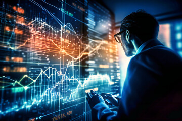 Wall Mural - A businessman analyzing financial and investment data with a growth graph on the virtual interface