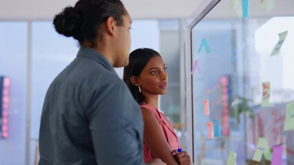 Poster - Planning, brainstorming and business people in office for schedule, agenda or talking on sticky note. Teamwork, collaboration and man with woman on vision board for strategy, problem solving or goal