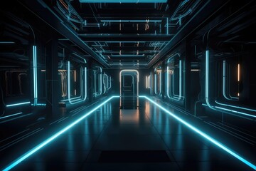 Poster - futuristic neon-lit hallway. Generative AI
