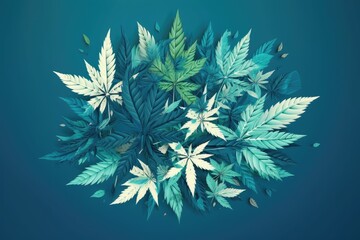 Poster - Illustration of green leaves on blue background. Generative AI