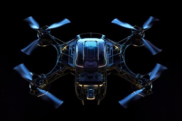 Realistic quadrocopter drone with propeller fans, front view, smmetrical, glowing backlit details on black background, AI generative