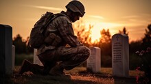 Military Man Kneeling Of Grave Fallen Soldier, Sunset. Concept Veteran Of War. Generative AI
