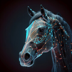 Wall Mural - Neural network of a horse with big data and artificial intelligence circuit board in the body of the equine animal, outlining concepts of a digital brain, computer Generative AI stock illustration