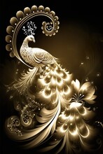 Beautiful Golden Bird Peacock, Golden Flowers. Digital Illustration AI