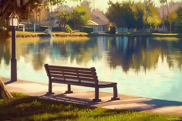 Sticker - serene park bench next to a calm lake surrounded by nature. Generative AI