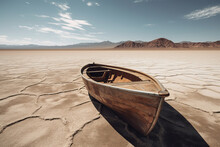 Brown Boat On A Dry Cracked Lake Bed Under A Sunny Sky. Emphasize The Cracked Texture Of The Lake Bed. Natural Lighting To Create A Warm, Golden Hue. Created With AI