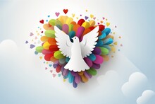 Illustration White Dove Of Peace Flies, Rainbow Clouds And Hearts Symbolize Peace, Love And Diversity, Generative AI