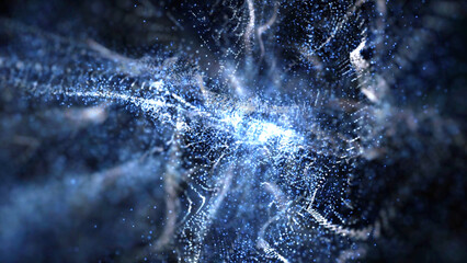 Wall Mural - blue particle field fly through background features a camera view flying through space particle stri