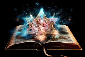 Illustration of an open book with a Star of David symbol on top. Generative AI