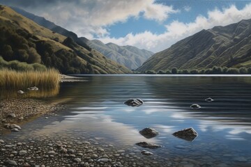 Poster - serene lake surrounded by majestic mountains. Generative AI