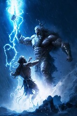 Wall Mural - A man fighting with a god in storm, Generative AI illustrations