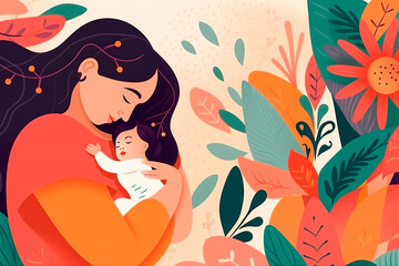 Hispanic woman with a child, mother’s day watercolor painting banner with flowers, generative AI