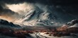 Hill in the snow, surrounded by snow-capped mountains, and a gloomy sky Generative AI
