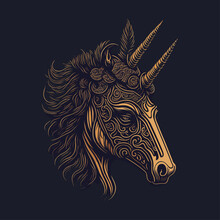 Unicorn Head Emblem Vintage Ornamental Design. Mythical Animal. Print Design. T-shirt Design.
