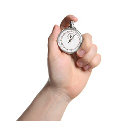 Wall Mural - Man holding vintage timer on white background, closeup