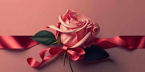 Poster - Stunning, fresh rose with a red satin bow on a pink backdrop. Generative AI