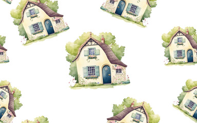 Wall Mural - seamless pattern Watercolor cute rural houses and trees. Village architecture landmark, old buildings, countryside summer, old european town. Transparent Background. Generative AI